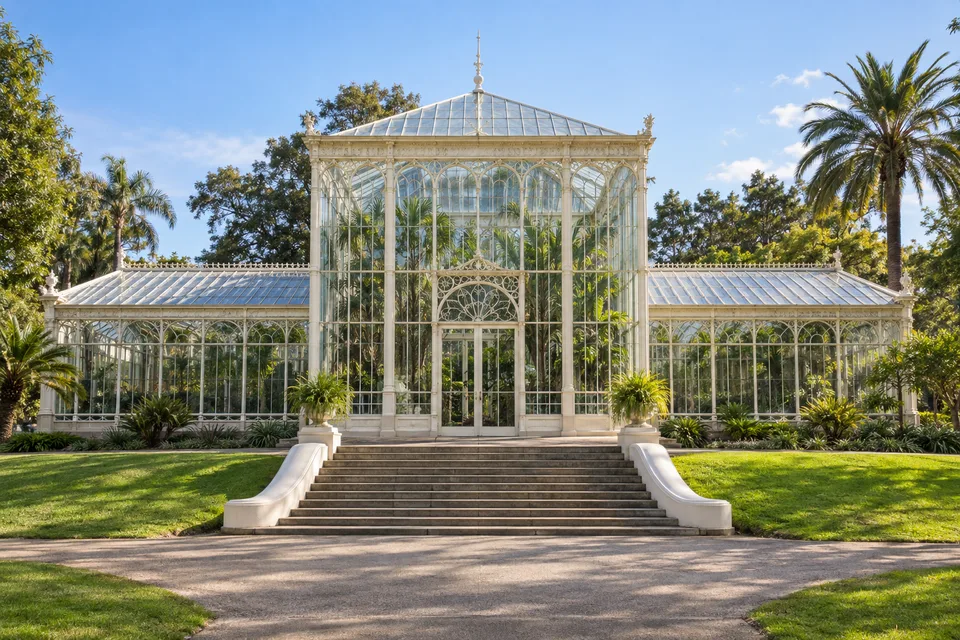 AI-generated editorial illustration inspired by the Palm House at Adelaide Botanic Garden, with a central glass pavilion, lower wings and front steps.